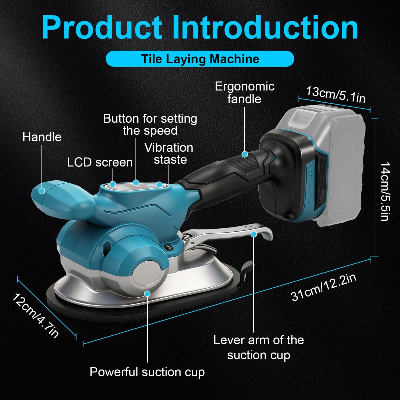 Vibrador de azulejos con batería, compatible con batería Makita de 18 V (sin batería incluida), colocador de azulejos con 6 marchas ajustables, ventosa de 20 cm, fuerza de sujeción de 200 kg, pantalla