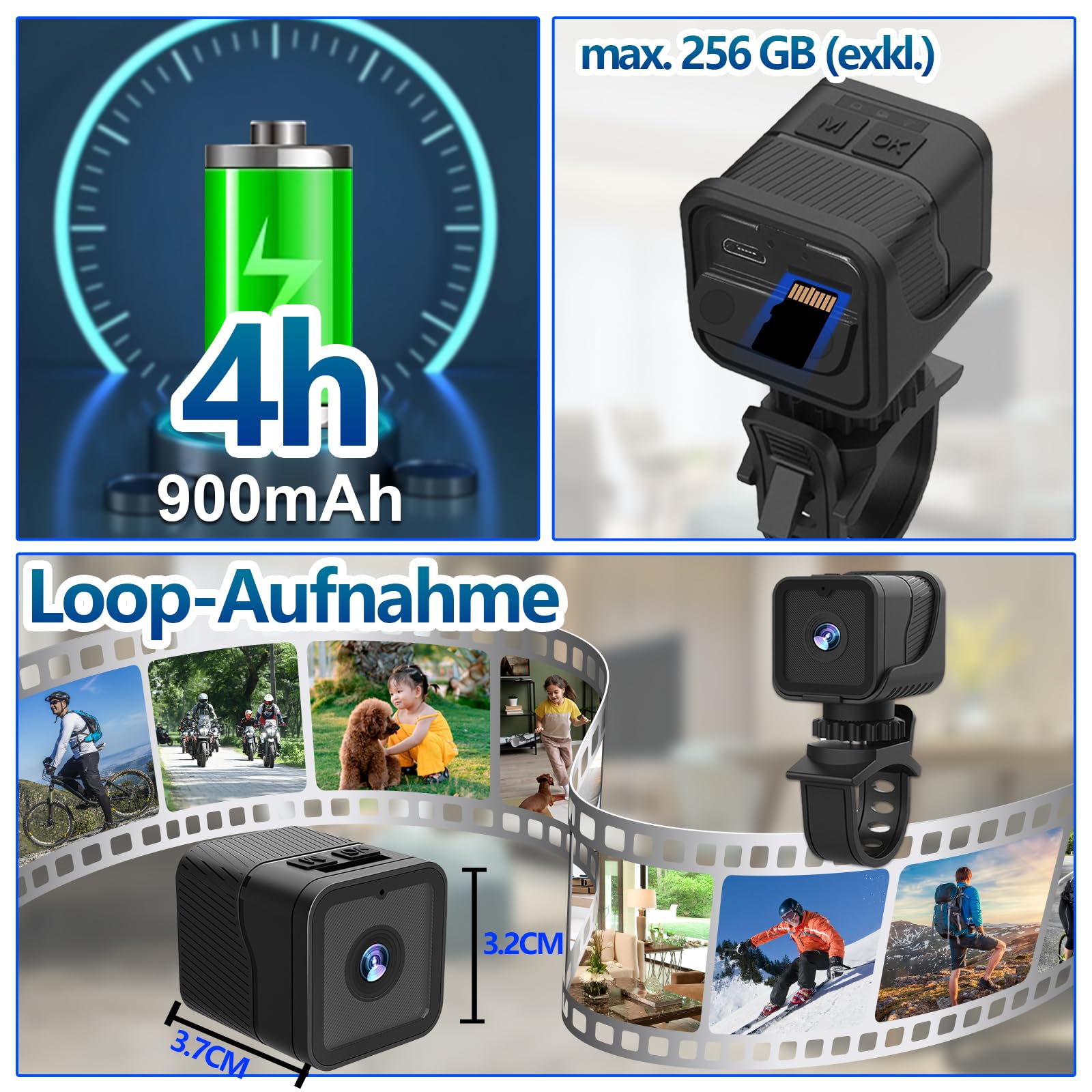 Mini Action Cam, WiFi 1080P HD & 120° Weitwinkel Helmkamera, 4 Stunden großer Akku Actionkameras mit Wasserdichter Funktion