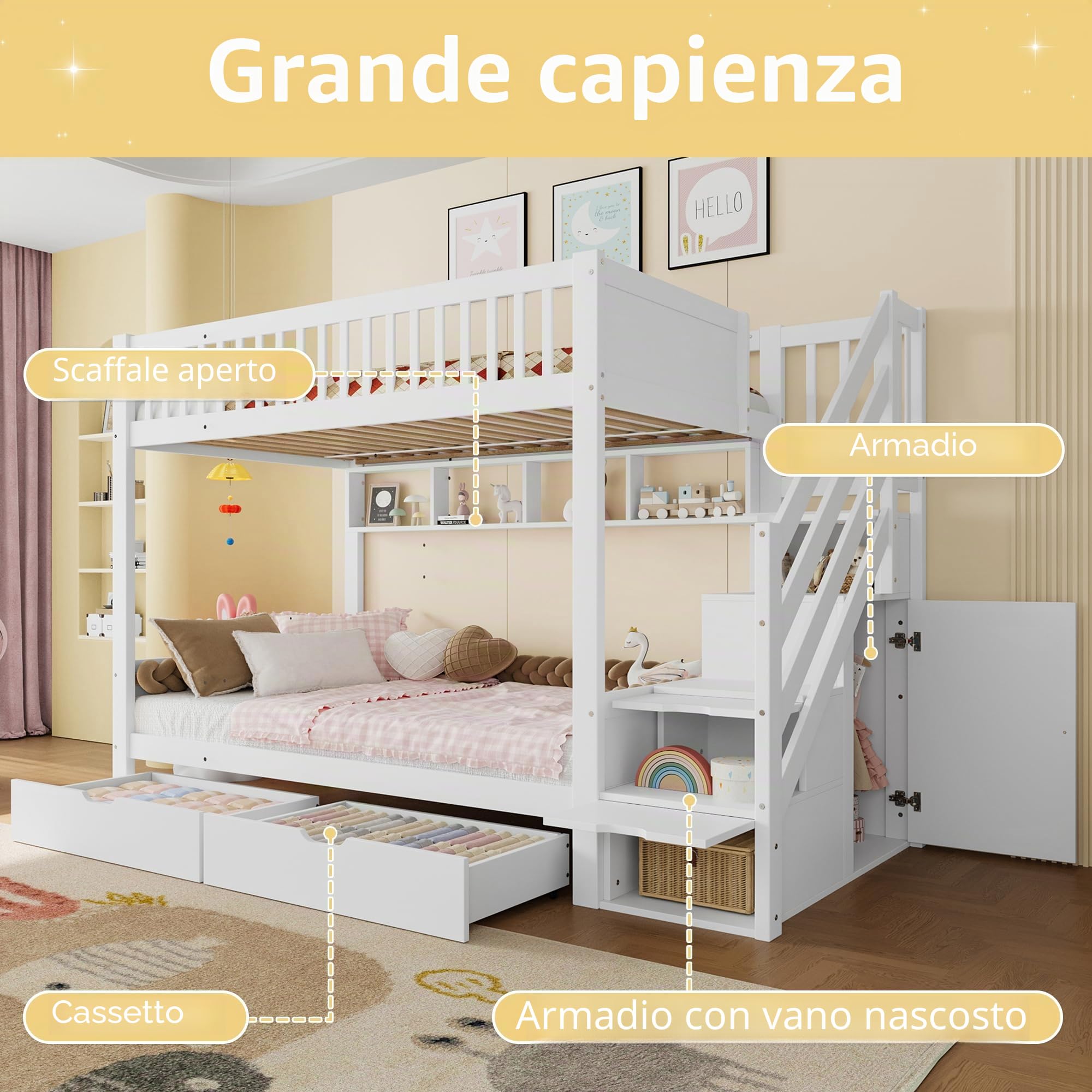 Letto a castello per 2 bambini, 90 x 200 cm, con scale, letto a soppalco con armadietti e protezione dalle cadute, con cassetto e scaffale, letti per ragazzi e ragazze, senza materasso (bianco