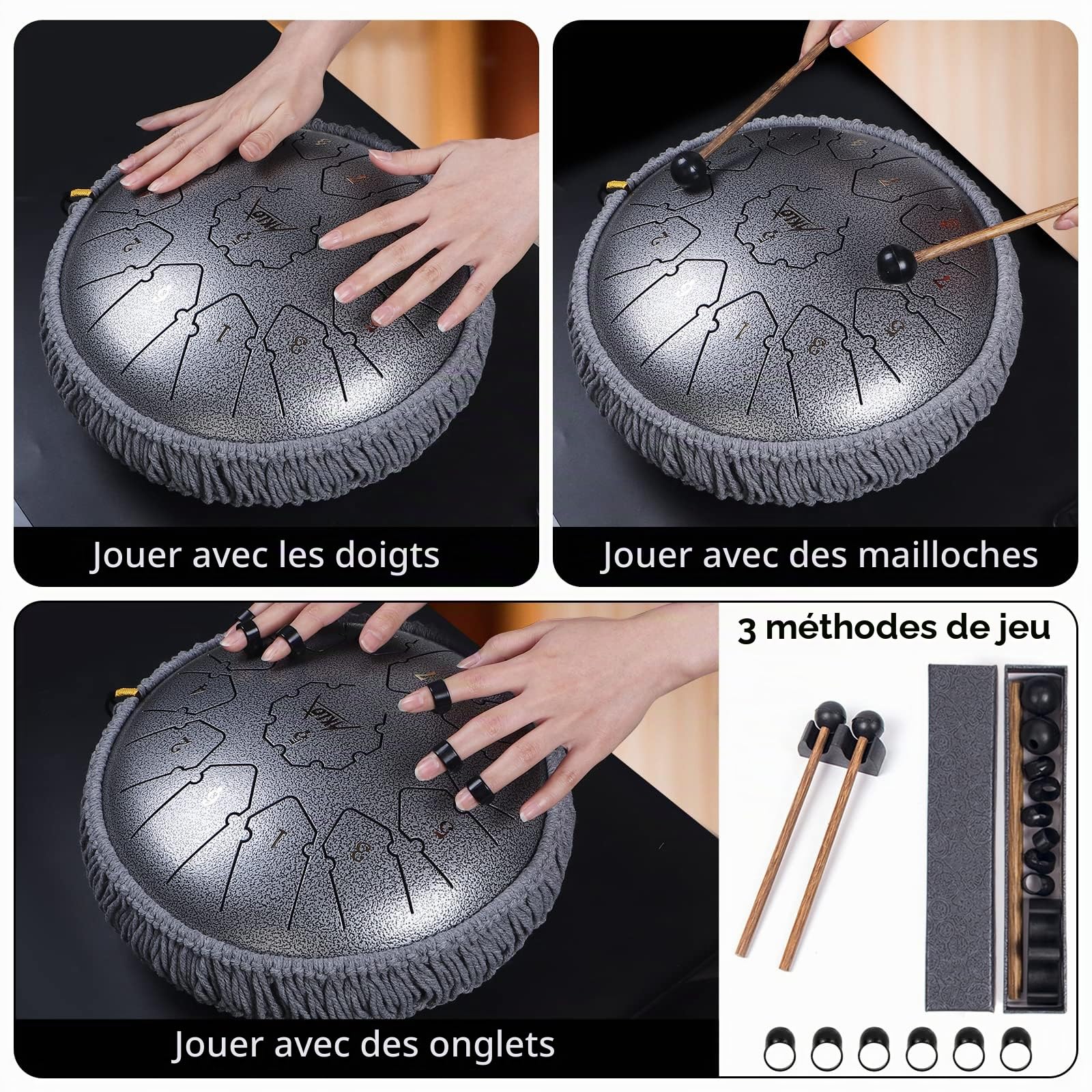 Tongue Drum,AKLOT Handpan 12 Pouces 13 Notes Tambour Zen Steel Tongue Drum Tambour à Langue C Key Pour le Camping, le Yoga, la Méditation