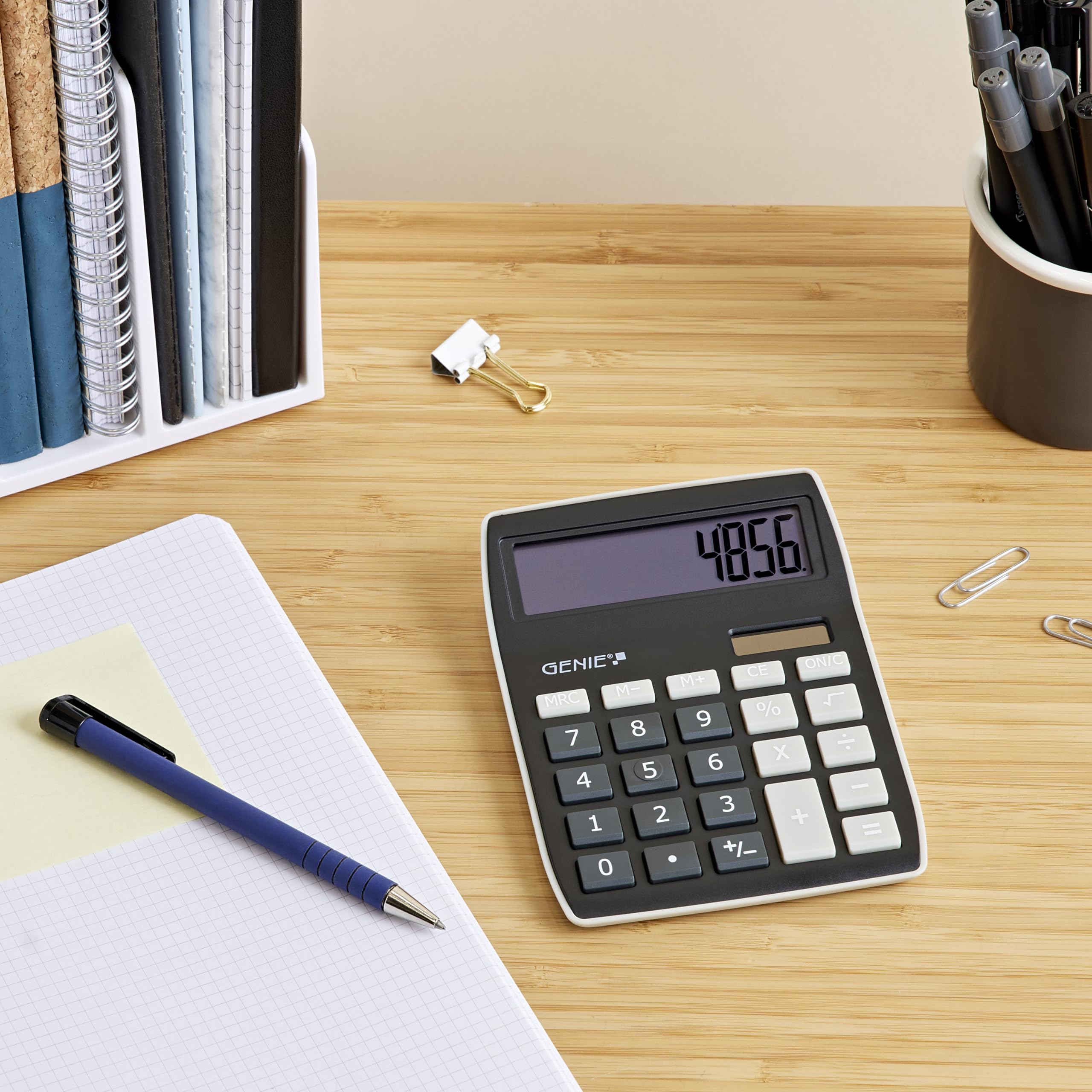 Genie 840 BK 10 Digit Desktop Calculator, Dual Power (Solar and Battery), Compact Design, Black