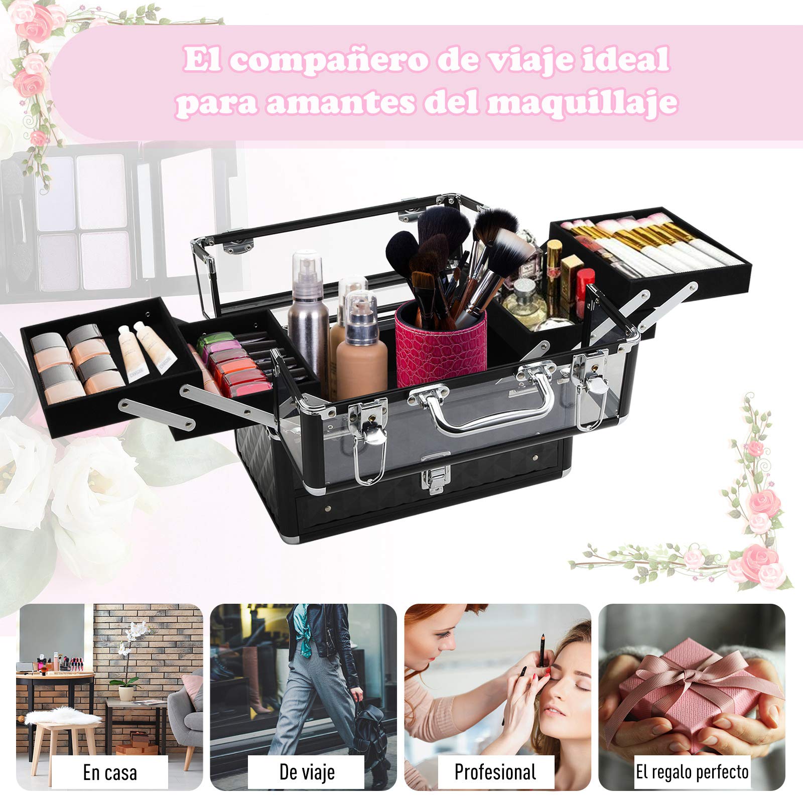 HOMCOM Maletín de Maquillaje Portátil 30x18,5x22 cm Transparente y Negro | Múltiples Niveles, Con Asa y Bandejas Desplegables, Aleación de Aluminio, Organizador Cosméticos