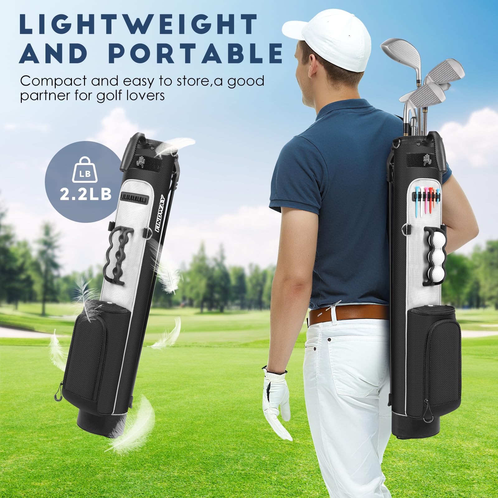 Findway Golf Stand Bag mit verstellbaren Schultergurten, 2-Wege-Teiler, 2 Taschen, leicht zu tragende Bleistift-Golftragetasche für Männer und Frauen