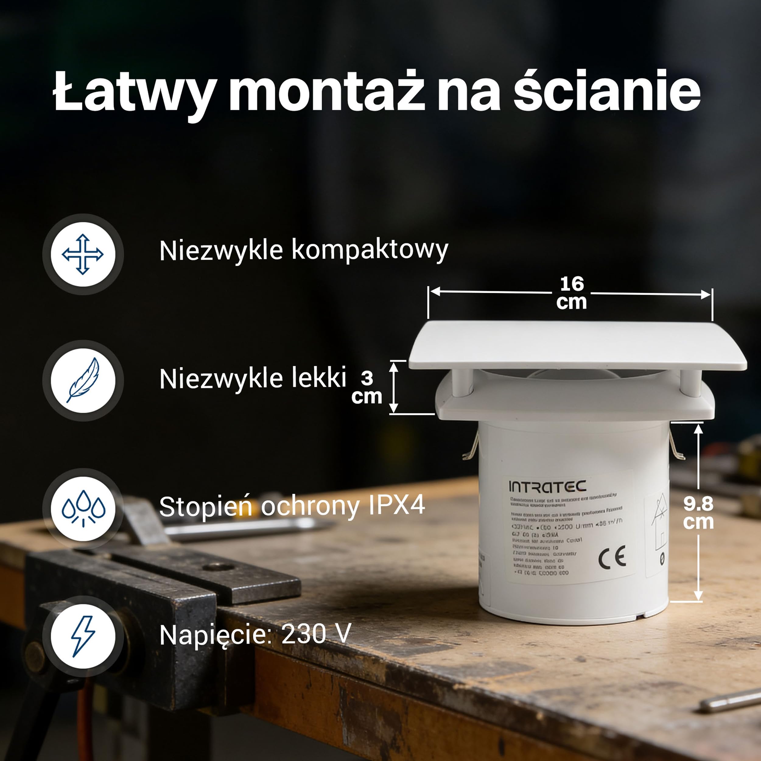 Intratec PUROVENT PRO Wentylator łazienkowy z czujnikiem wilgoci – Wentylator IPX4 100mm 98m³/h 37dB 230V do łazienki, do łatwego montażu na ścianie i suficie – 160 x 98 x 98mm