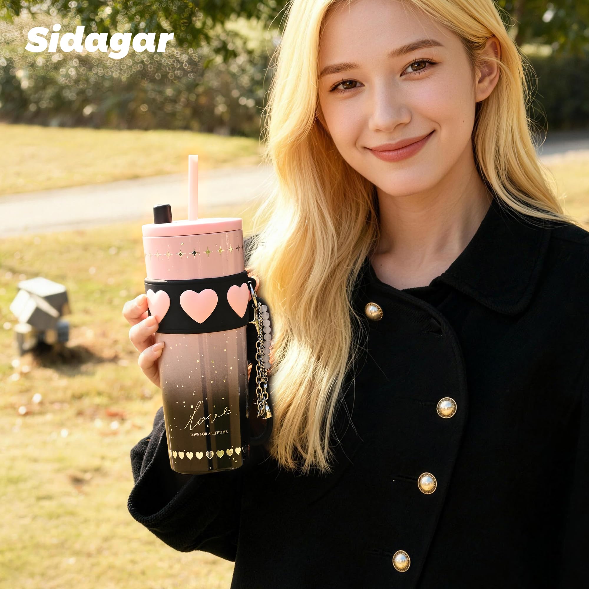 Gobelet en acier inoxydable de 710 ml avec couvercle et paille, tasse à café isotherme, anti-fuite, portable, réutilisable, tasse à café isotherme pour femme, rose