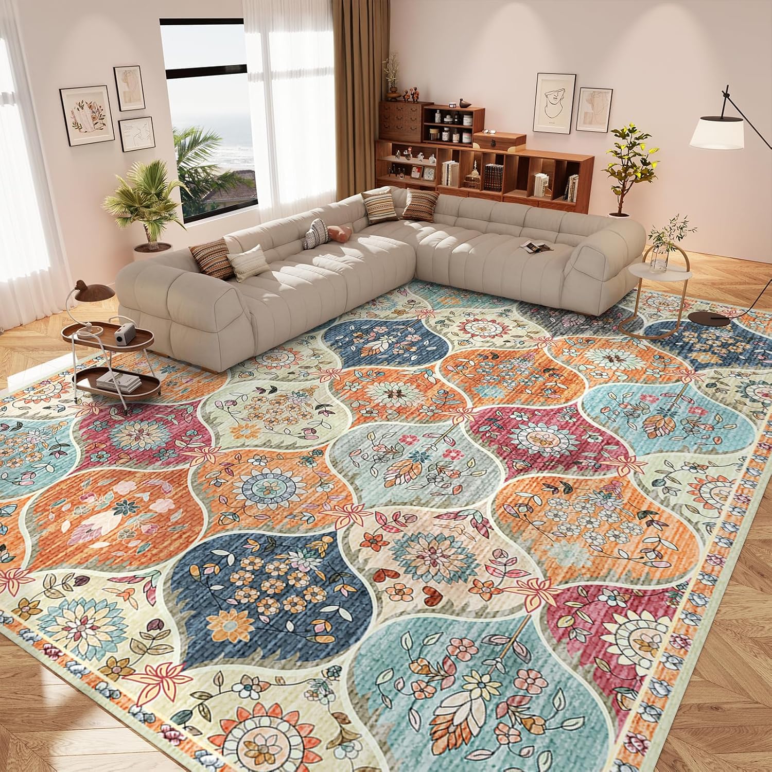 Vintage Washable Rug 5×7 – Machine Washable Floral Area Rugs with Non Slip Backing for Living Room Bedroom Dining Room Stain Resistant, Home Office Decor, Soft Low-Pile Carpet, Orange