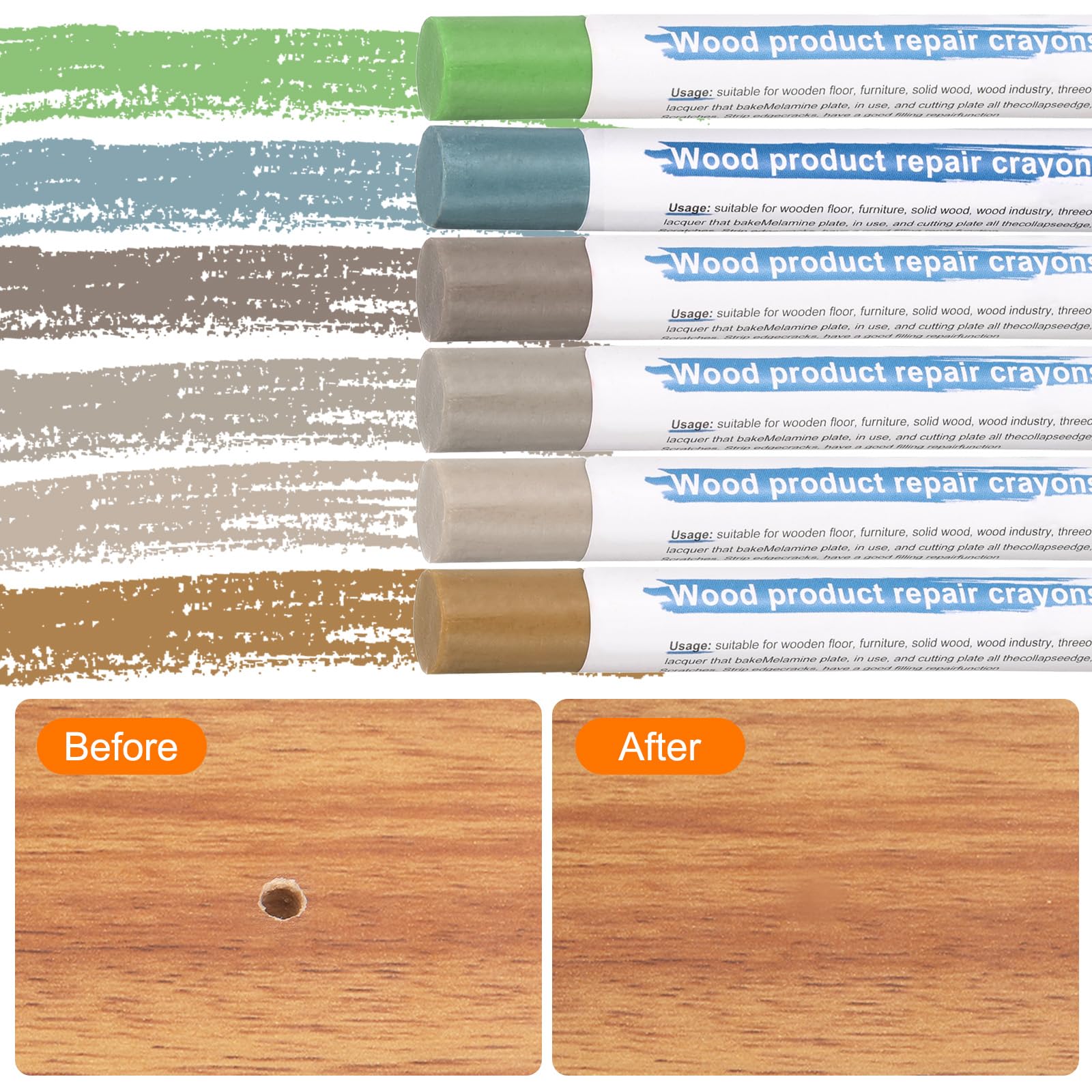 QUARKZMAN Sticks Riempitivi per Legno 6 Colori Crayon di Cera per Legno per Riparazione Mobili per Marrone Medio, Grigio Blu, Verde Erba, Giallo Medio, Marrone Medio, Marrone Scuro
