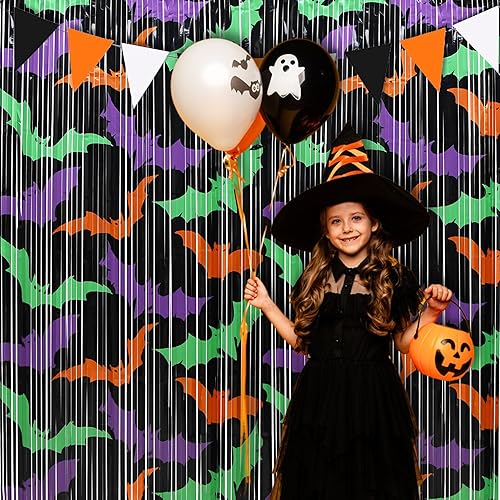 Miniatura 5 de Cortinas de flecos de aluminio negro para decoración de Halloween, paquete de 2 telón de fondo de oropel para accesorios de cabina de fotos,