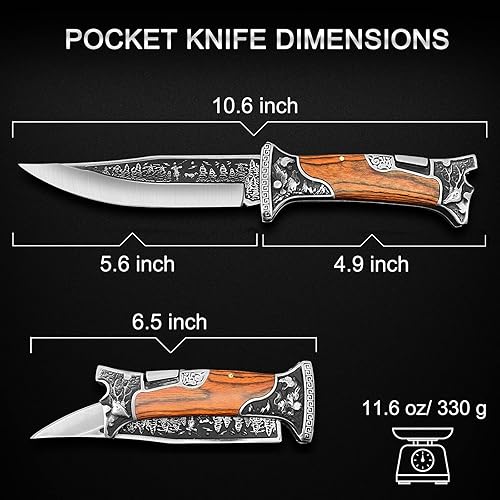Miniatura 5 de AULAKNIV Cuchillo de caza semiplegable de hoja grande cuchillos de bolsillo tácticos de supervivencia para campamento con mango de madera funda de