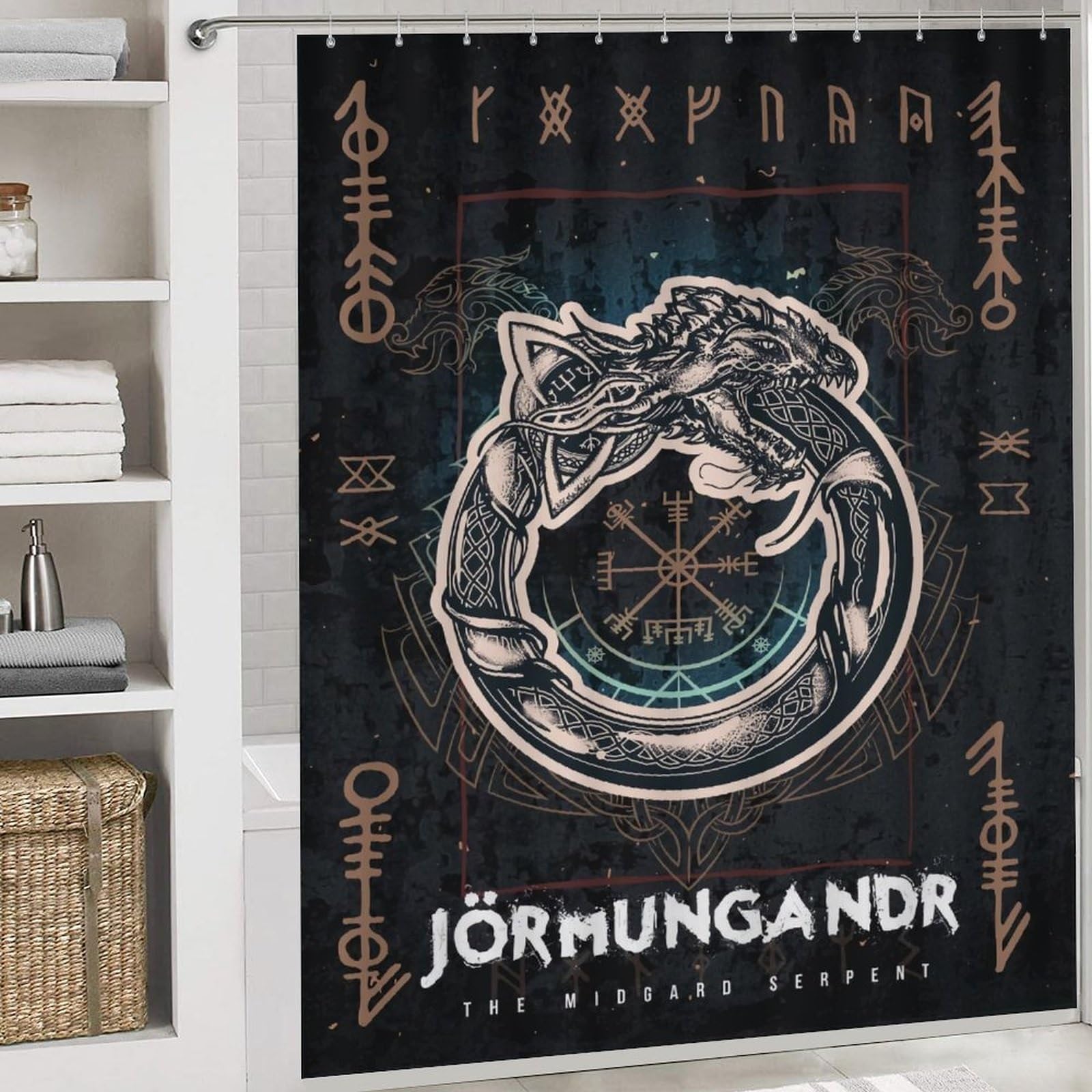 LDZDGD 4PCS Norse Viking Shower Curtain Set, Celtic Pagan Bathroom Art Decor, Waterproof Shower Curtain, Non-Slip Rugs, Toilet Lid Cover and Bath Mat (Color : Valkyrie, Size : 183 x 183CM): Jormungandr 28.3"W x 28.3"L (Pack of 1)