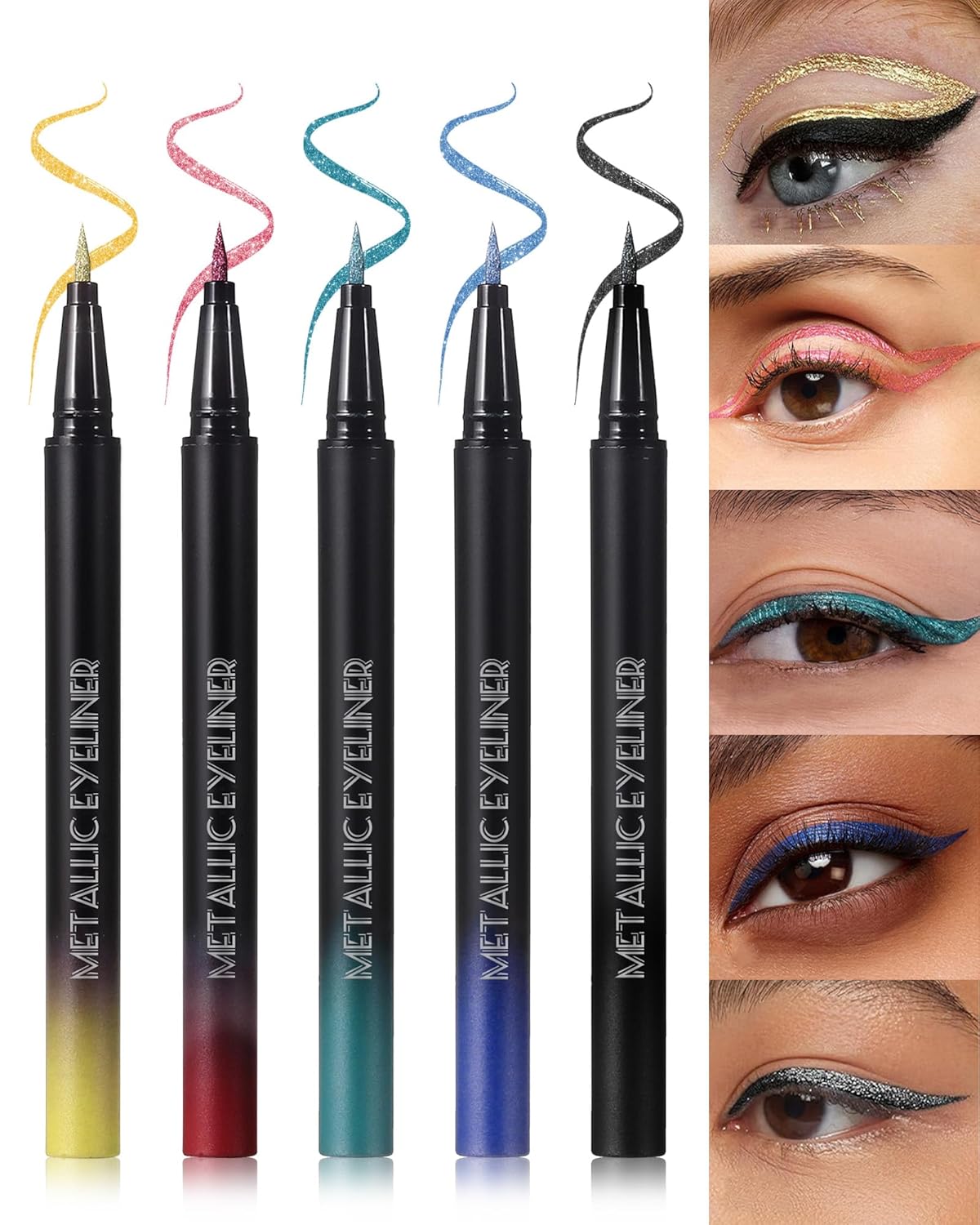 5 Color Glitter Liquid Eyeliner Kit- Shimmery Gold, Blue, Green, Red, Black Metallic Sparkling Eye Liner Pens- Waterproof,Smudge-Proof, Fine Tip, All-Day Wear Colorful Eyeliner Women Makeup Gift-Set B