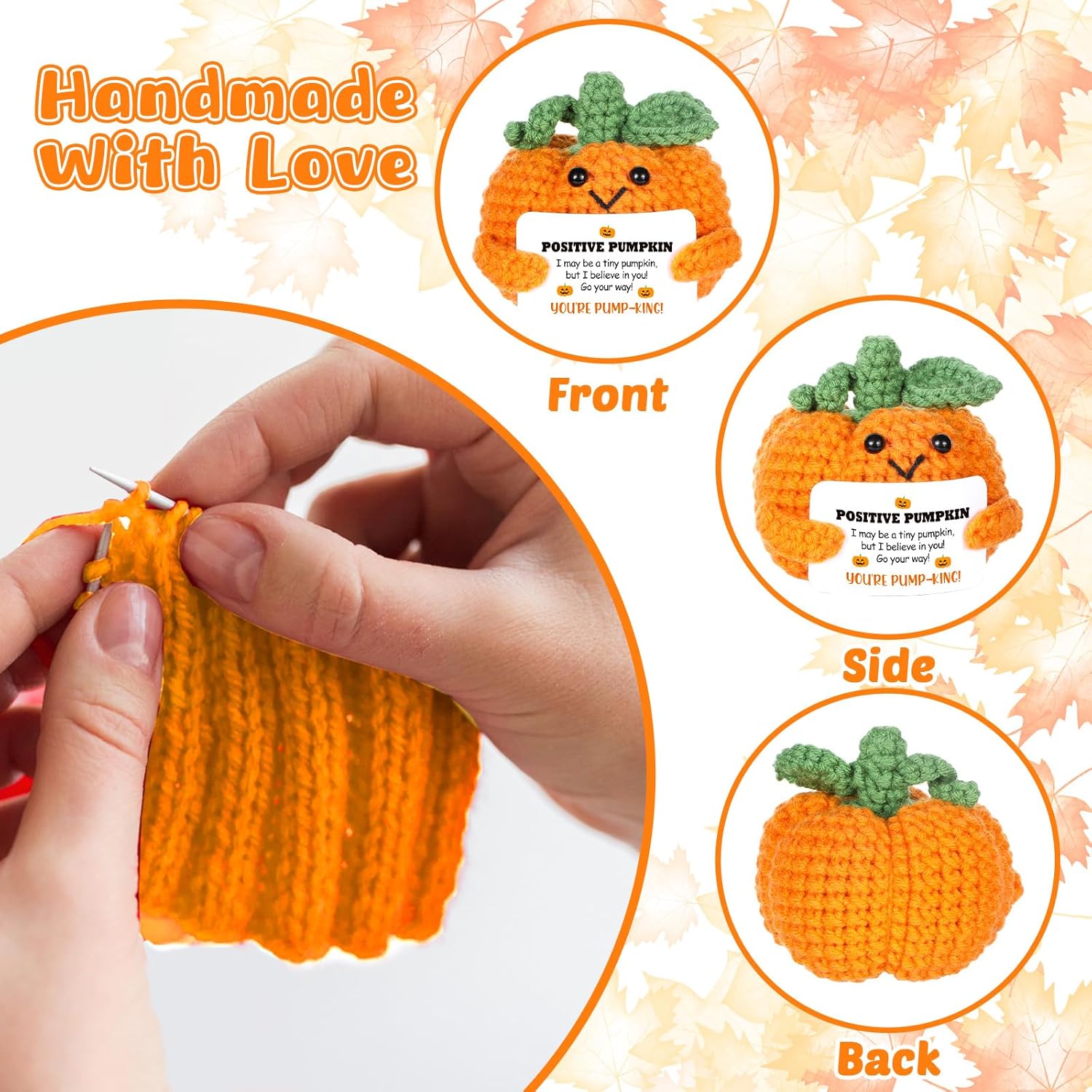 Positive Crochet Pumpkin Fall Thanksgiving Gifts Inspirational Handmade Knitted Doll Emotional Support Mini Pumpkin Gifts for Friends Family Coworkers Employee Halloween Birthday Party Decor - Image 4