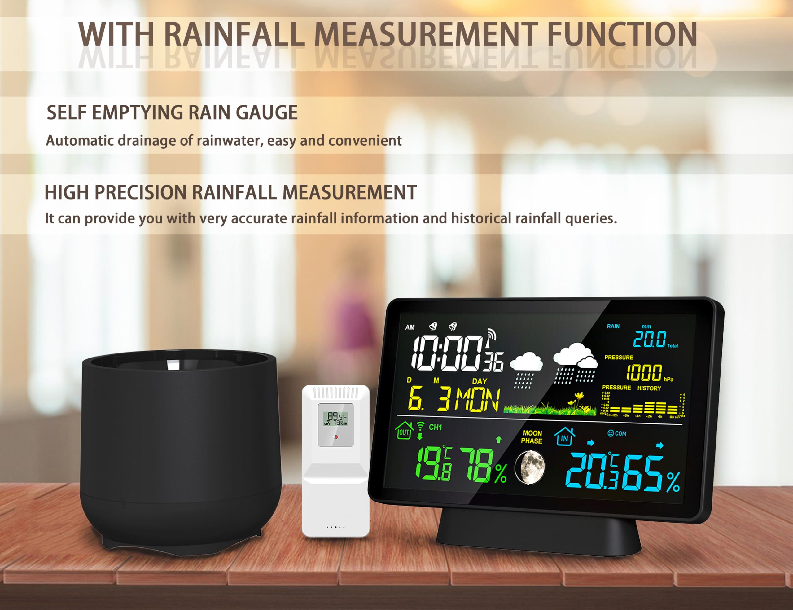 Stazione meteo wireless per interni ed esterni con pluviometro, stazione meteo domestica con termometro, orologio atomico, monitoraggio dell'umidità, previsioni meteo e barometro, pluviometri digitali