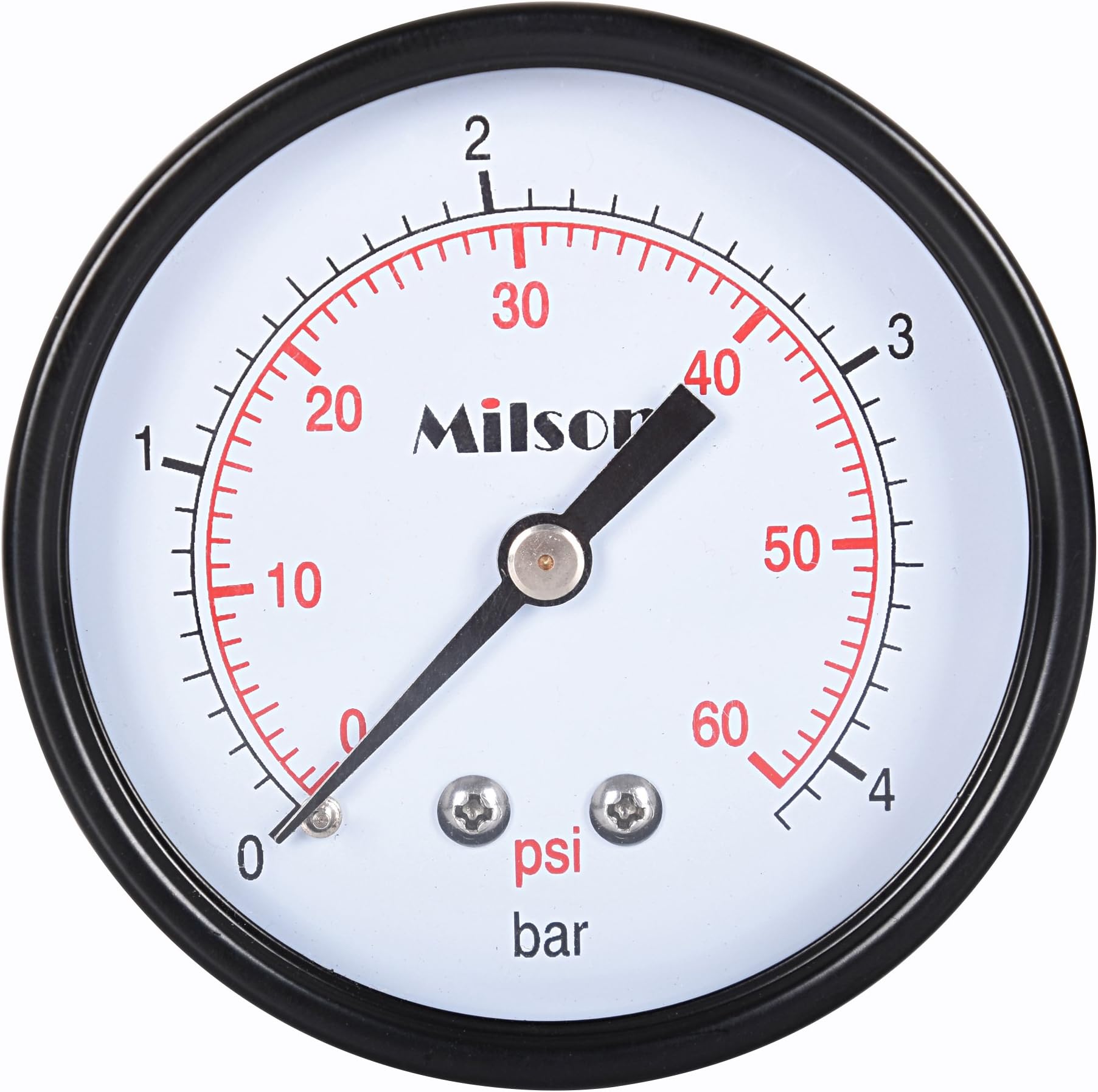 Milson Pressure Gauge, 2.5" Black Steel Case, Back Mount, 1/4"NPT, 0+60 Psi/Bar, Accuracy: +/-2.0, Brass Internal, Multiple Function