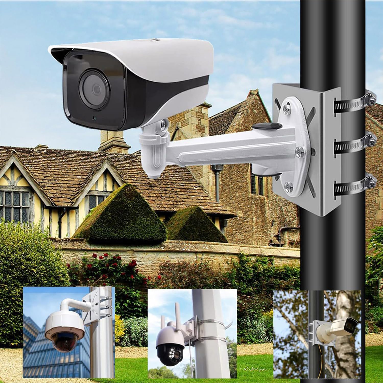 Uchwyt na maszt do kamery monitoringu z 3 regulowanymi zaciskami, uchwyt narożny, stal nierdzewna, pionowy uchwyt masztu do kamer CCTV, kamer IP, kolektorów słonecznych, srebrny