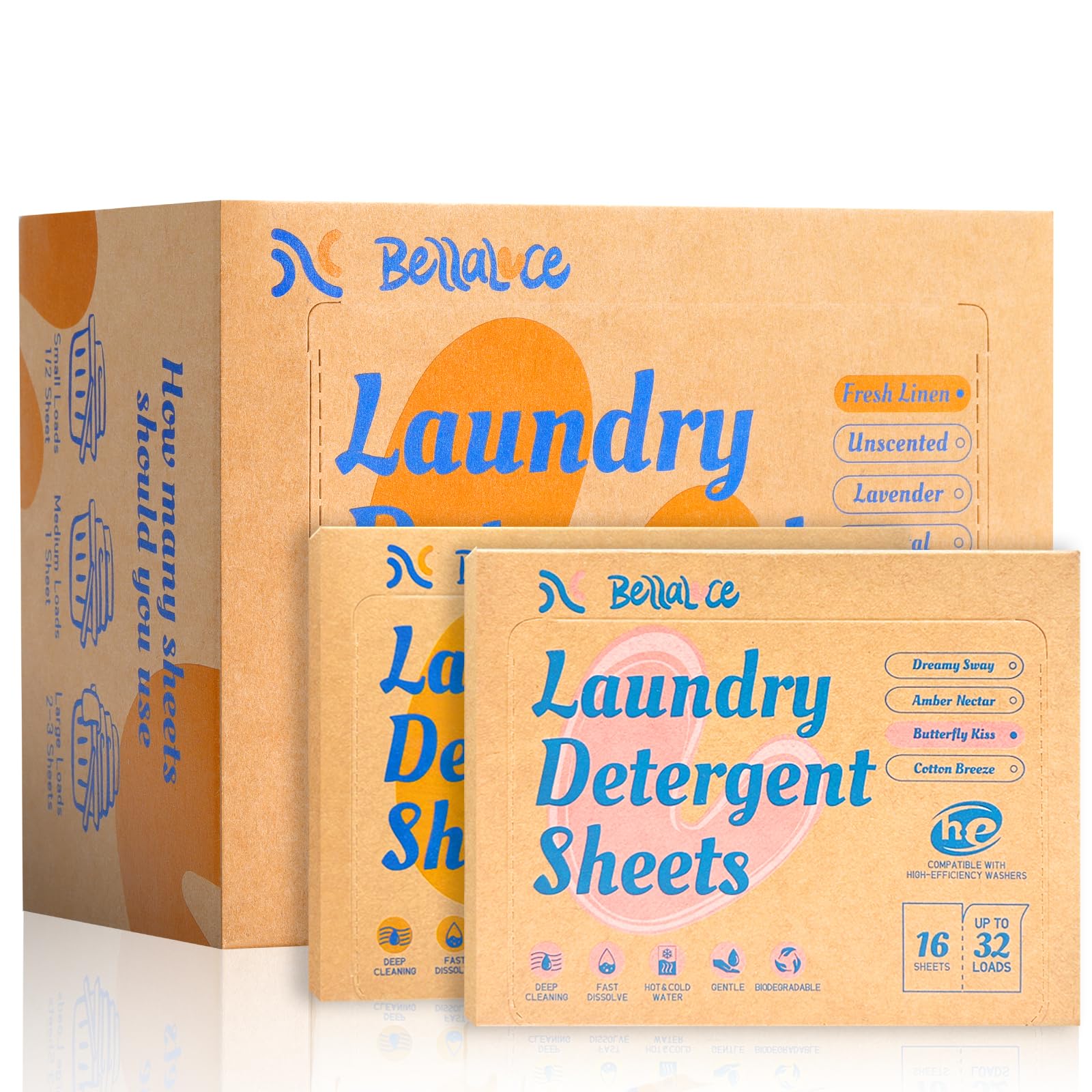 BellaLuce Laundry Detergent Sheets: 1 Home Size (240 Loads, Fresh Linen) &amp; 2 Travel Size (32 Loads, Fresh Linen &amp; Butterfly Kiss) | Portable for College, Dorm, Hotel, Family