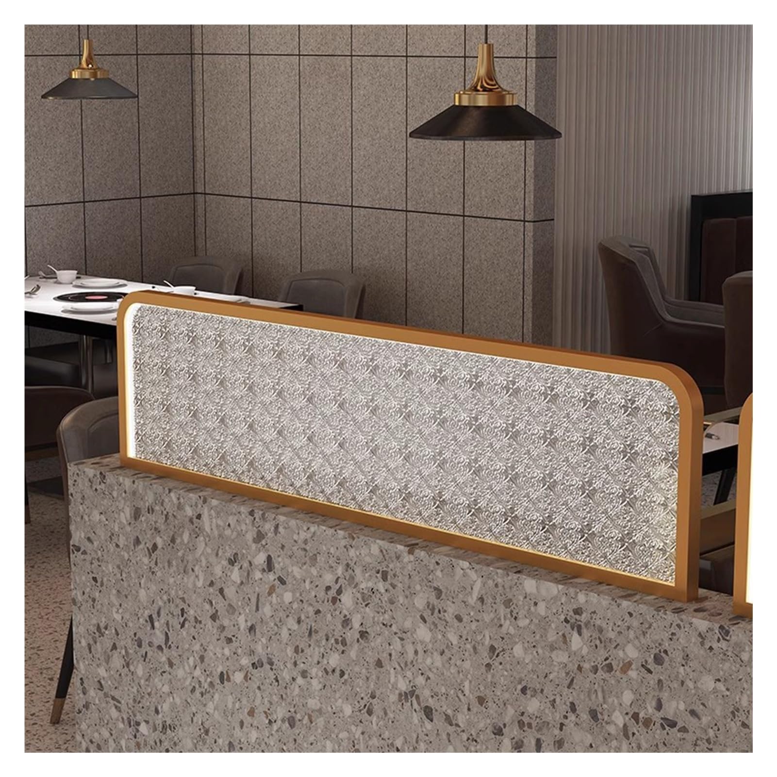 Cloison de séparation salle à manger et cuisine en verre à motifs