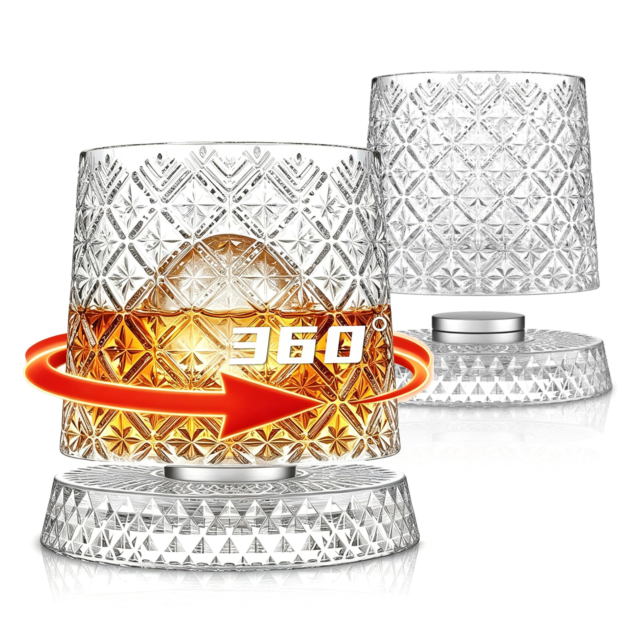 SoulTimes 300 ml Rotating Whiskey Glasses Set of 2-Luxury 360°Spinning Crystal Old Fashioned Rocks Whiskey Glass for Bourbon, Scotch, Rum, Cocktail etc. Lead-Free Liquor Tumbler-Unique Gifts for Men