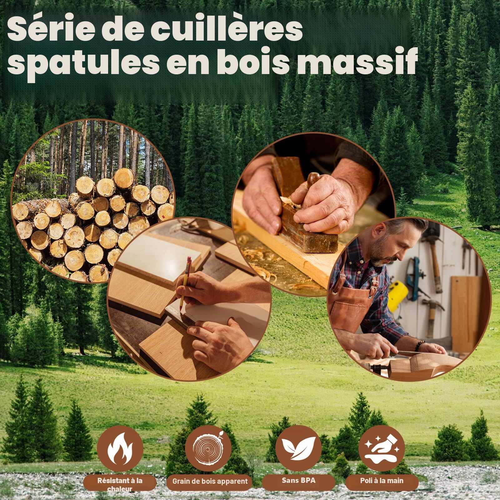13 Pièces Ustensiles de Cuisine en Bois Ustensiles en Bois de Teck Cuillères et Spatule pour la Cuisine avec support,repose-cuillère et crochets