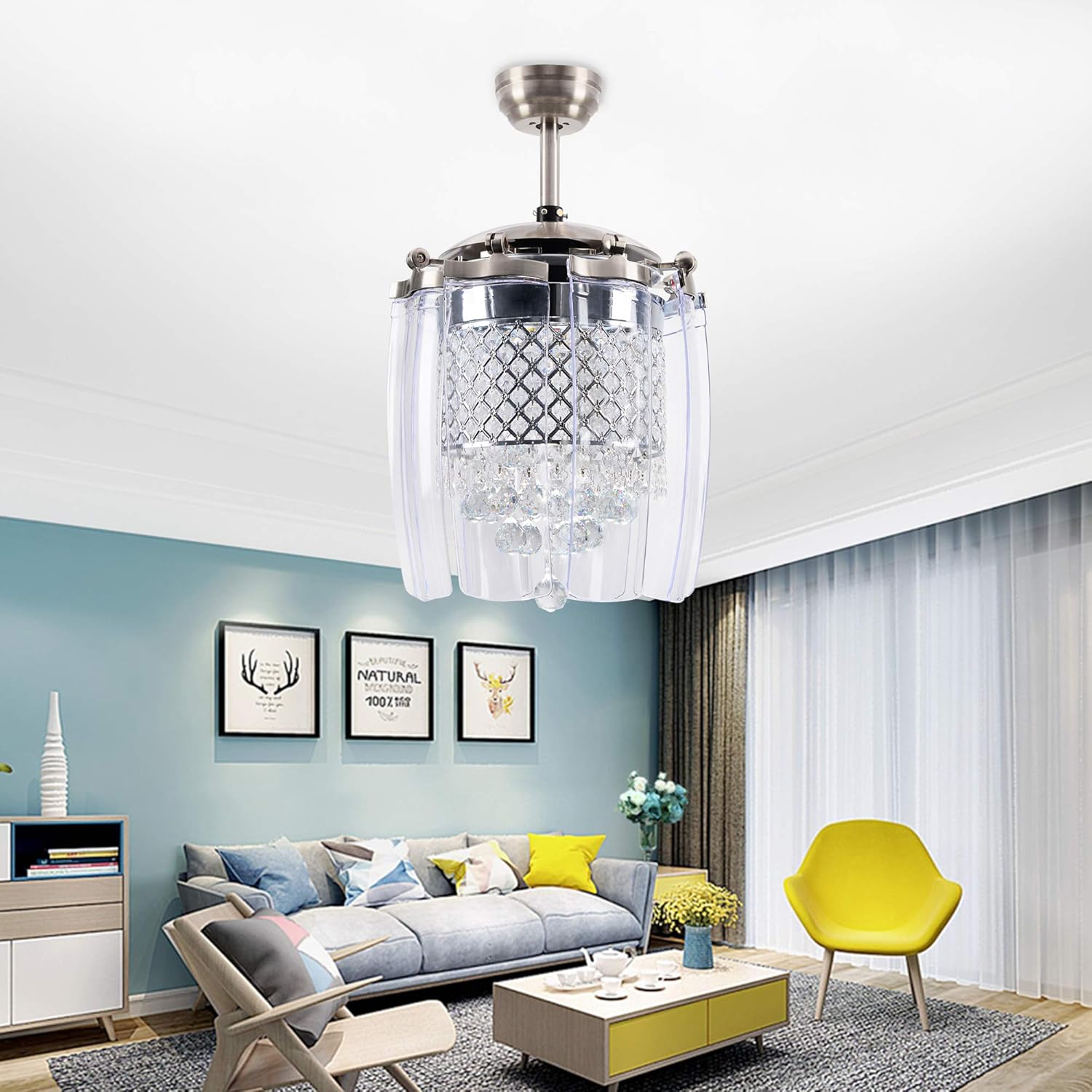 Big Sale LuxureFan Modern Crystal Ceiling Fan Light for Living Room Restaurant with 8 Foldable Transparent Acrylic Leaves with Invisible Take-Off Remote Chandeliers of Sand Nickel 42 Inch