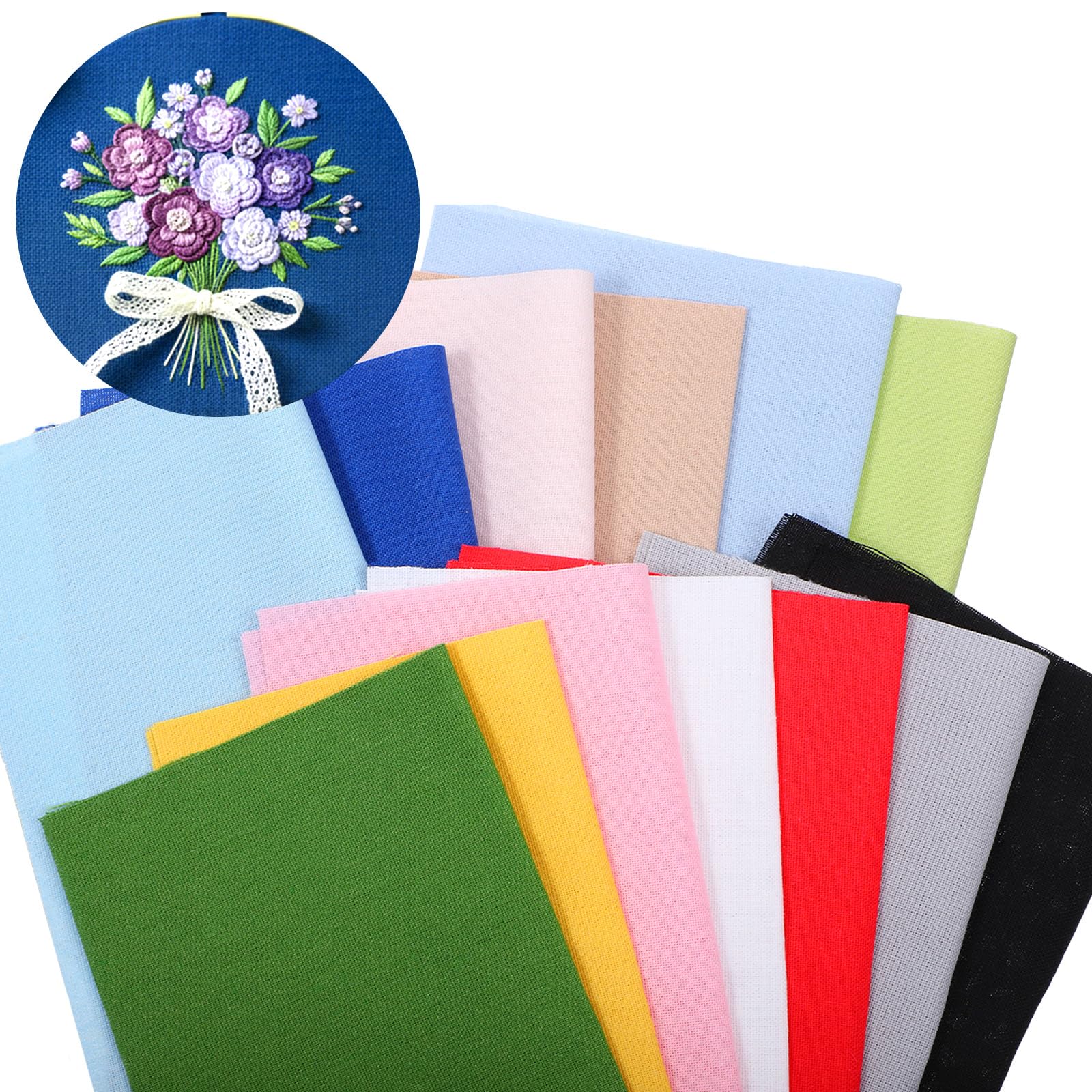 12 Sheets Nature Linen Needlework Fabric, 12 Colors Embroidery Fabric, Embroidery Cloth Linen Cloth Square, Pre-Cut Natural Cotton Solid Colour Fabrics for Needlework Quilting Garments Cross