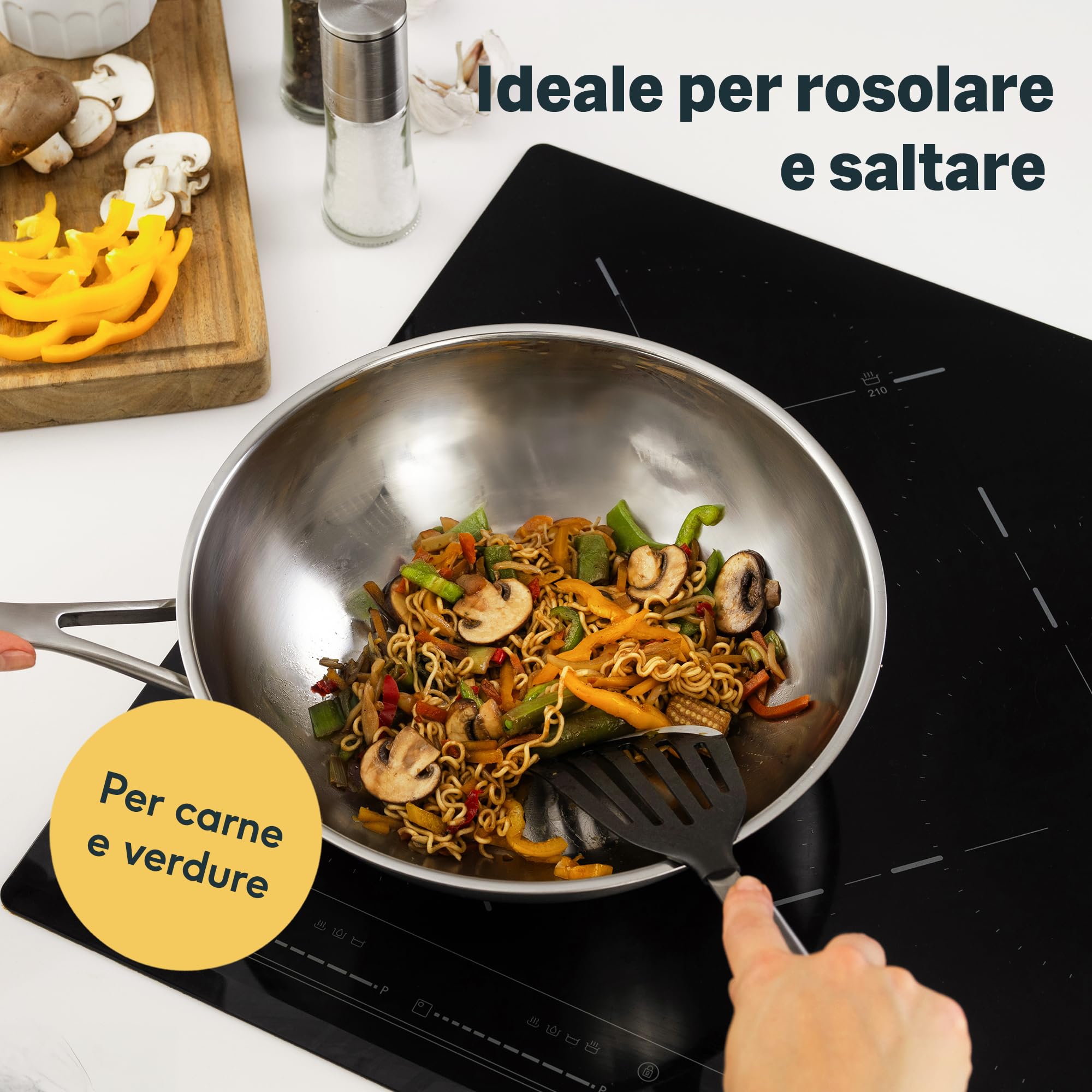 SILBERTHAL Wok acciaio inox 18/10 - Saltapasta 28 cm - Padella wok induzione - Pentola wok professionale