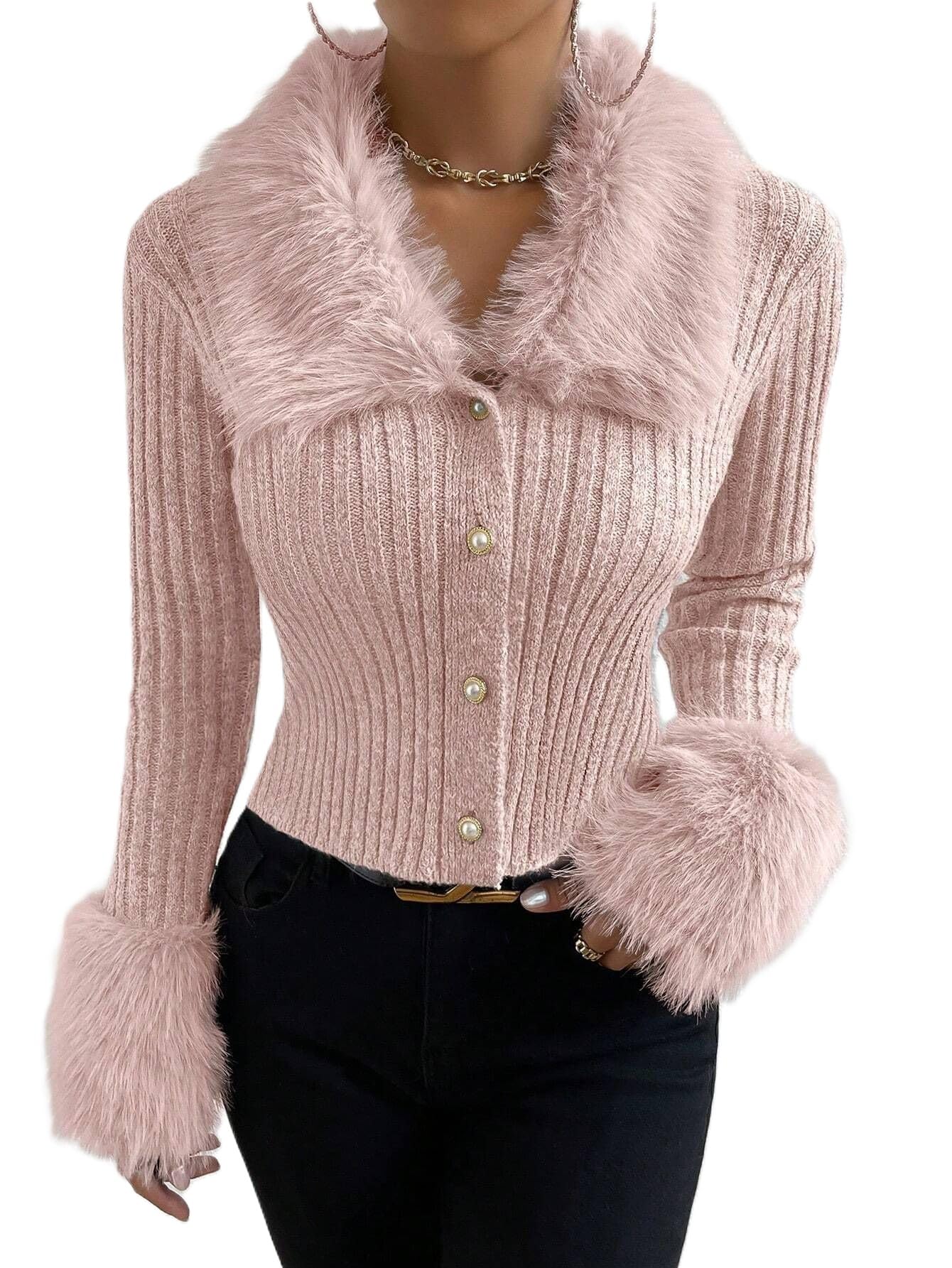 Faux Fur Cropped Cardigan for Women Fall V Neck Slim Fit Ribbed Knit Sweater Long Sleeve Button Down