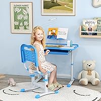 Vista 2 de Qaba Juego de escritorio y silla para niños, juego de sillas de escritorio escolar de altura ajustable con escritorio inclinable, luz USB, cajón