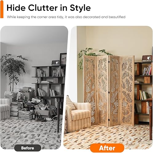 Miniatura 7 de Divisor de habitación bohemio con tallado de plumas, pantalla de madera calada de 4 paneles, partición plegable decorativa para sala de estar, Beige