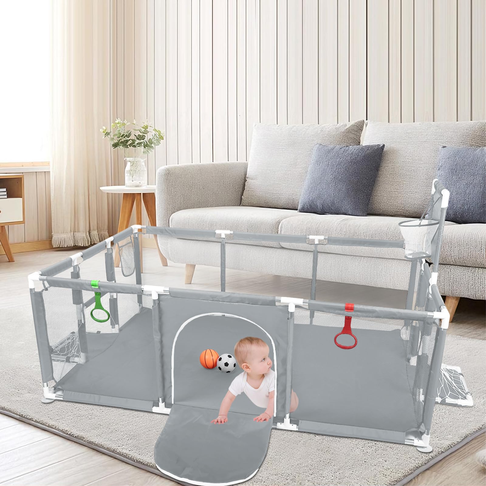 Parc Bébé -Bébé Barrière de Sécurité Portail Parc Lit pour enfant à l'intérieur et extérieur - Football, basket-ball, pompe, anneaux de main, ventouses-180 * 120 * 66cm-gris foncé