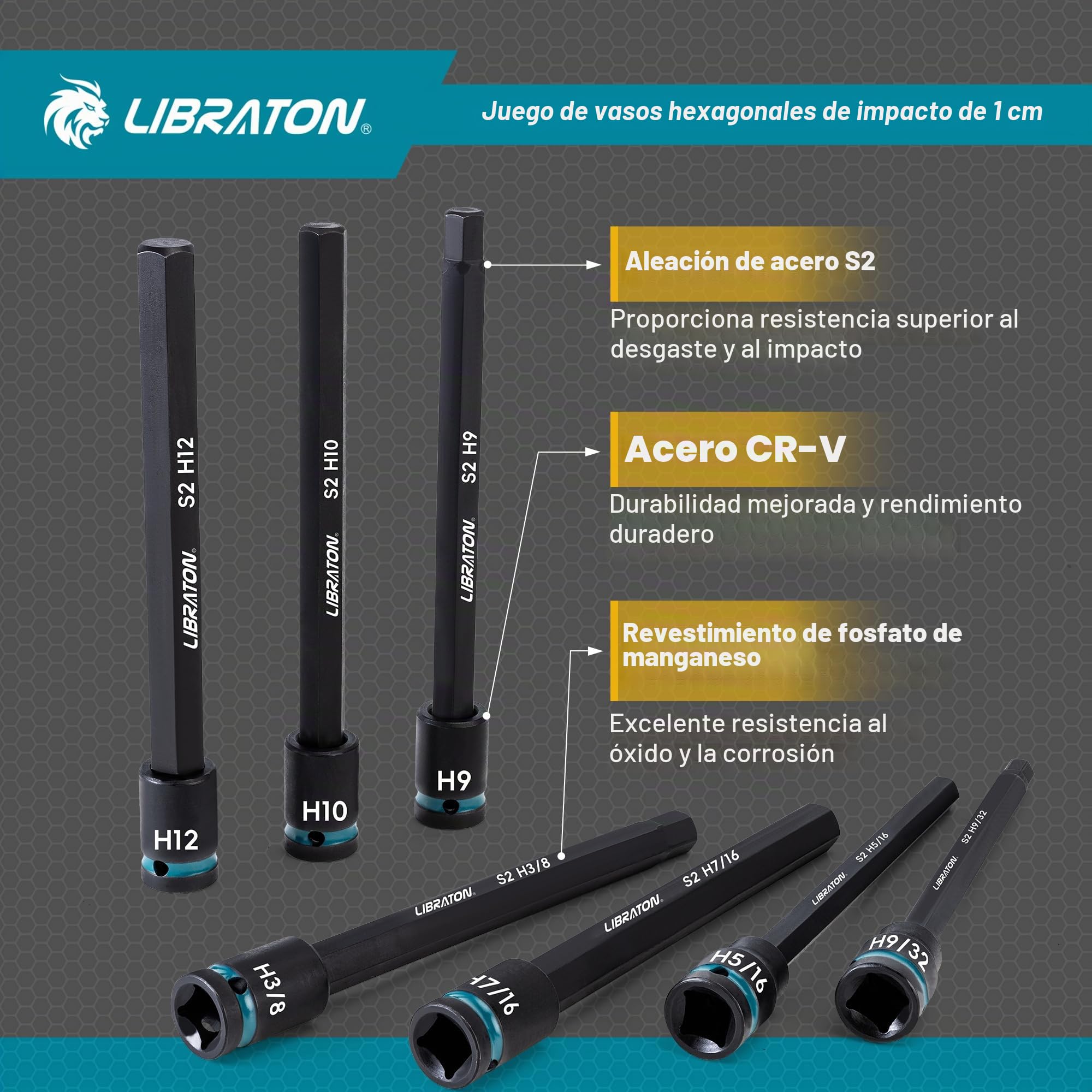 LIBRATON Juego de Vaso de Impacto con Puntas Hexagonal de 3/8", Acero S2, Juego de 20 Llaves de Vasos Allen de Impacto de Largas, Vasos de Impacto Allen Métrica y SAE, Llaves de Vaso Allen de 6", Caja