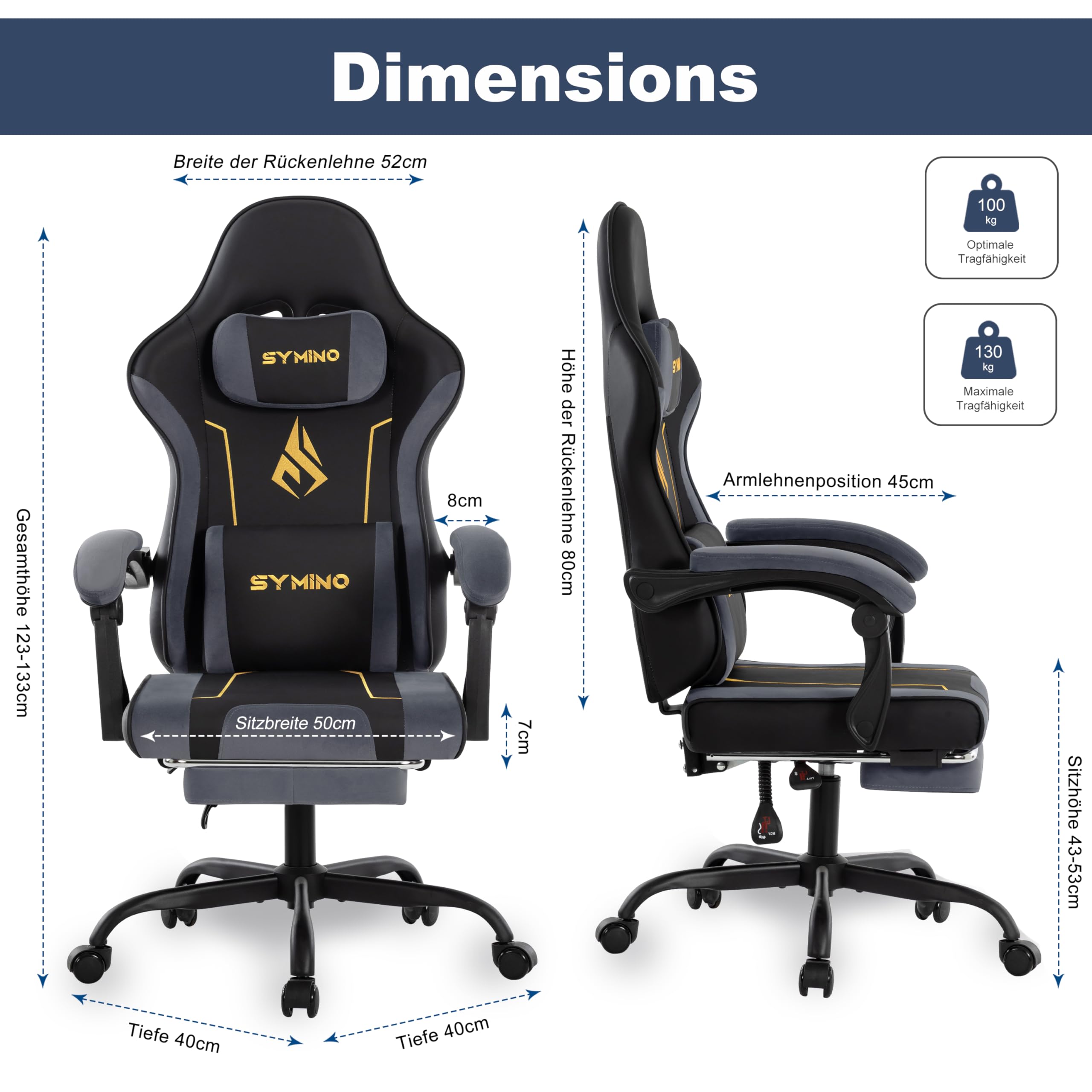 Symino Silla Gaming Ergonómica con Asiento de Látex – 150 kg, Reclinable con Reposapiés, Soporte Lumbar, Giratoria 360° para Oficina y PC