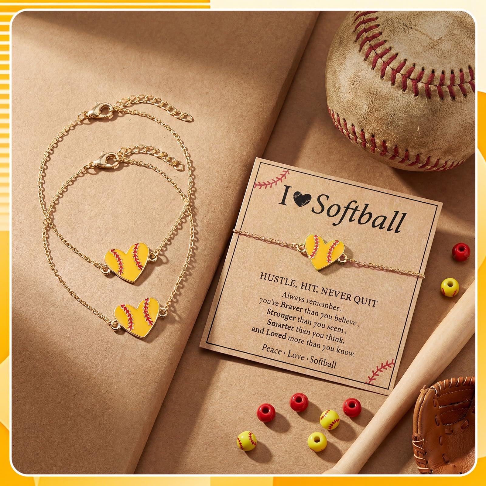 Landical 12 Set Softball Team Gift Bulk Gold Softball Heart Bracelets with Gift Card for Women Sport Lover Player Party Favor