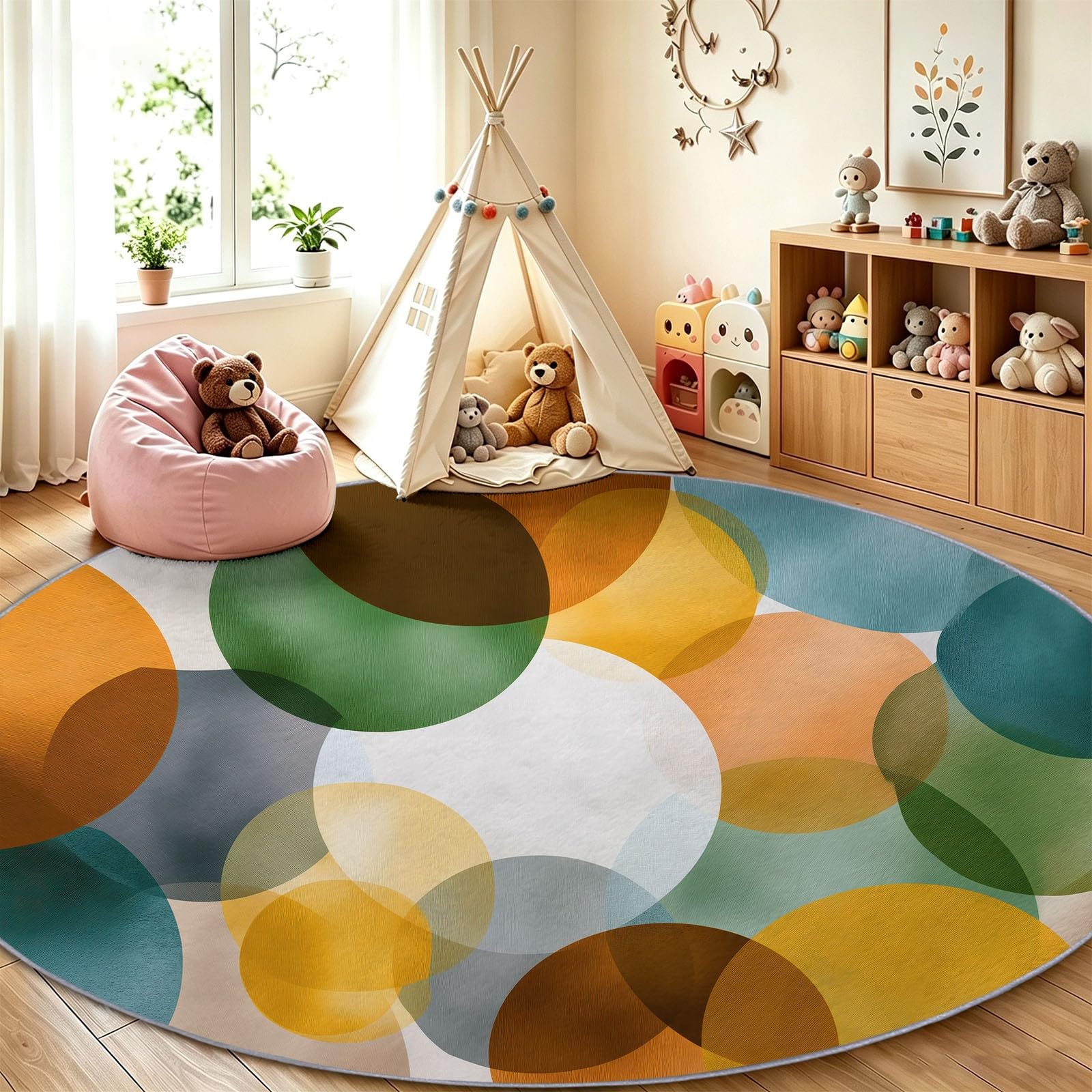 Tapis Rond Géométrique Lavable pour Salon 120 cm Vert