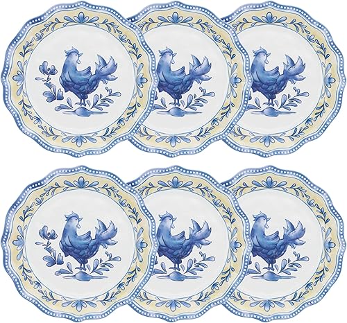UP ware Blue Rooster - Juego de platos de ensalada de melamina con borde de cuentas para risotto, pasta y ensalada, sin BPA, aptos para