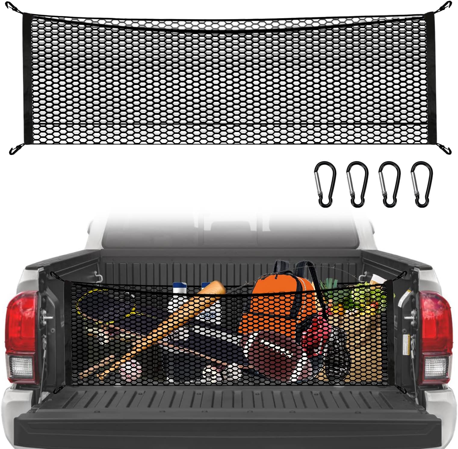 Cargo Net for Pickup Truck Bed for Trunk Organizers and Storage Additional with 4 Metal Carabiner Buckles - Silverdo, Ford F150,GMC