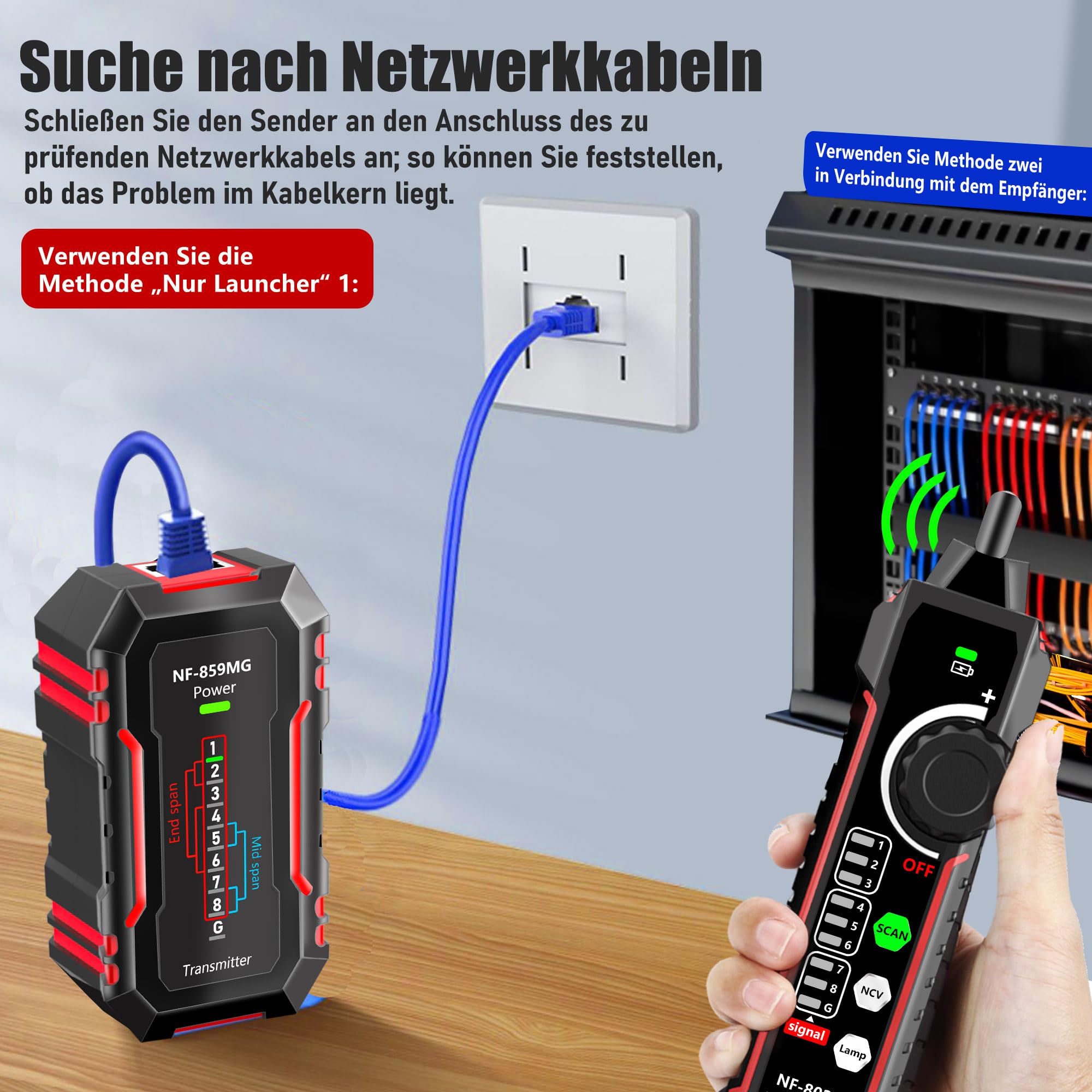 Netzwerkkabel-Tester, Ethernet-Kabel-Tester, Leitungsfinder, Tongenerator, Kabel-Tracer, NCV/LAN/POE/RJ45/RJ11/Cat5/Cat6/Cat3-Netzwerke, Kabelprüfung und Telefonleitungsprüfung NF-802MG