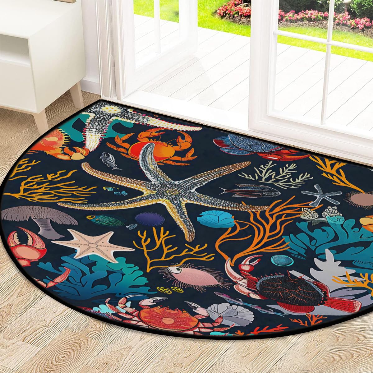 Mexpekil Paillasson demi-lune en forme d'étoile de mer, crabe corail, pour intérieur et extérieur, antidérapant, lavable, absorbant, anti-saleté, 100 x 160 cm