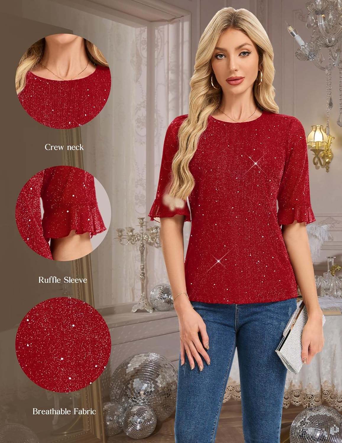 HomRain Womens Ruffle 3/4 Sleeve Sparkle Top Blouses Casual Shirts Crew Neck Glitter Night Out Tops for Elegant Evening - Image 4