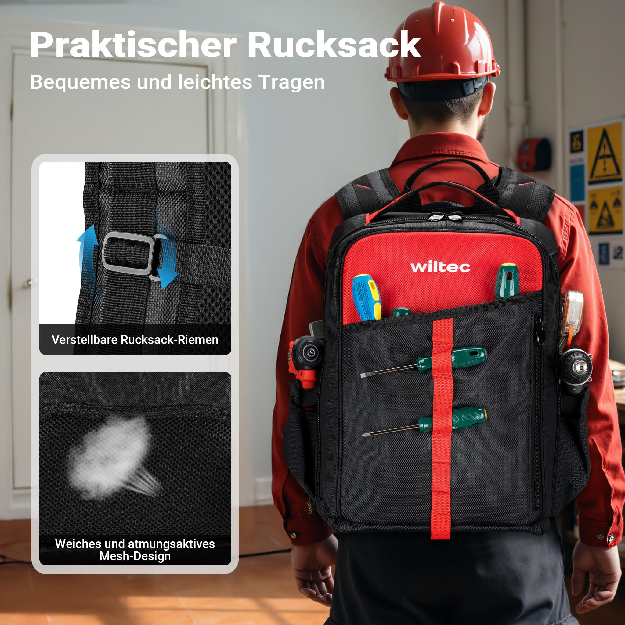 Wiltec Werkzeugrucksack 33 x 20 x 43 cm bis 30 kg, Werkzeug Tasche 16 Fächer, Werkzeug Rucksack gepolstert, robuste Werkzeugtasche