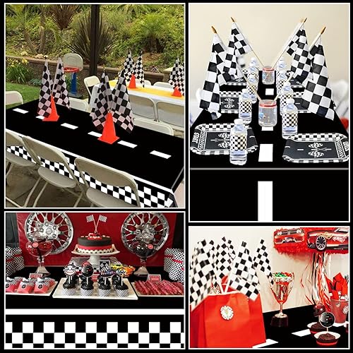 Miniatura 7 de Manteles de mesa de automóvil de carreras, suministros para fiesta de cumpleaños de niños para cumpleaños de niños, mantel de plástico negro para