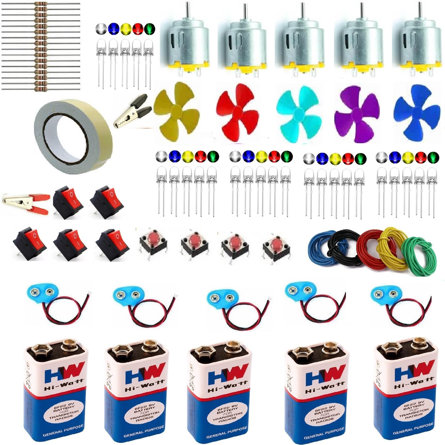 TechWiz Learning&Educatinal Toys Motor Dc I 9V Hw Battery I Rocker Switch I Flexible Wire I Led&Resistor I Micro Switch-School Science Experiment Project Kit Item Loose In One Pack Mix Color (61X1)