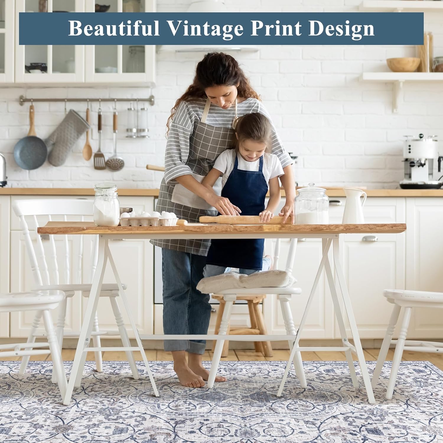 Area Floor Mat for Under Dining Table, 4'x6' Waterproof Vintage Print PVC Floor Rug for Bedroom Kitchen, Stain Resistant Non-Slip Rug for Living Room, Easy Clean Desk Chair Mat for Home Office Decor