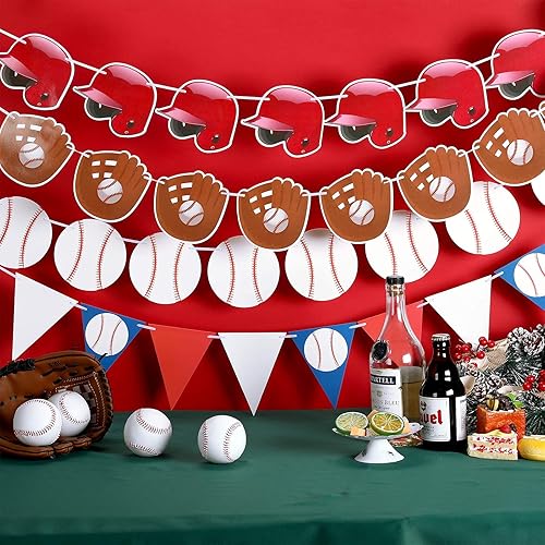 Miniatura 7 de Tatuo 6 banderines de béisbol, banderines de papel, guante de béisbol y gorra de béisbol para decoraciones de fiestas temáticas deportivas,