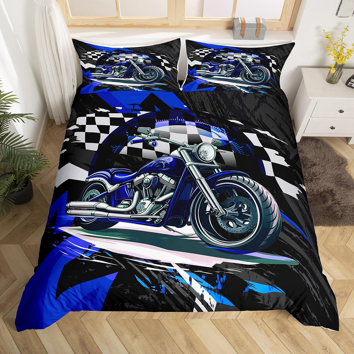 Homemissing Kids Blue Dirt Bike Bedding Set Super King Size, Racing Motocross Comforter Cover Motorcycle Duvet Cover Boys Girls Motorbike Teens Bedspread Cover Soft Quilt Cover 3Pcs (No Comforter) — image 1