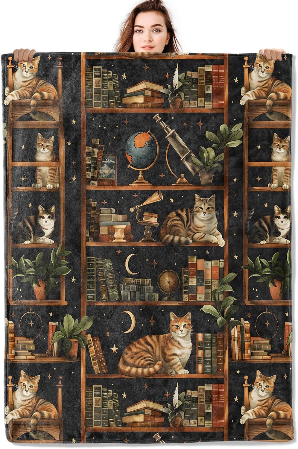 Cat Bookshelf Throw Blanket Soft Lightweight, Cute Kitten and Botanical Blankets for Bedroom Living Room Sofa Office, Vintage Cozy Throws, Home Accent and Women Girls Gifts, 40 X 50 Inch