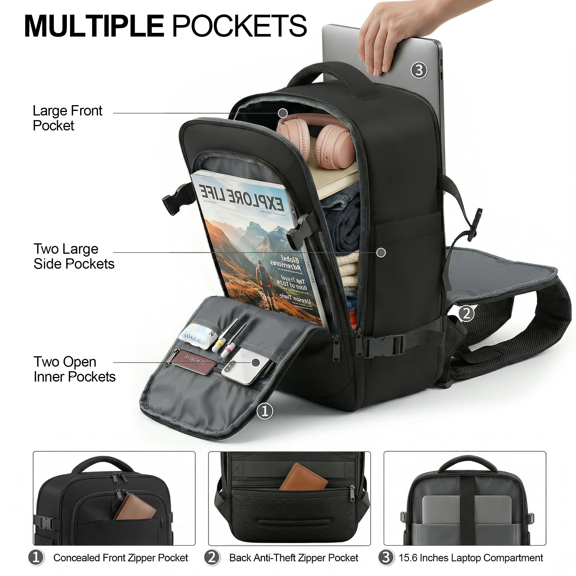 TILYMOL Travel Backpack for Women & Men - 15.6 inch Laptop Backpack Airplane Flight Approved, Large Carry On Anti-theft Bag for Travel Work Business Weekender - 5