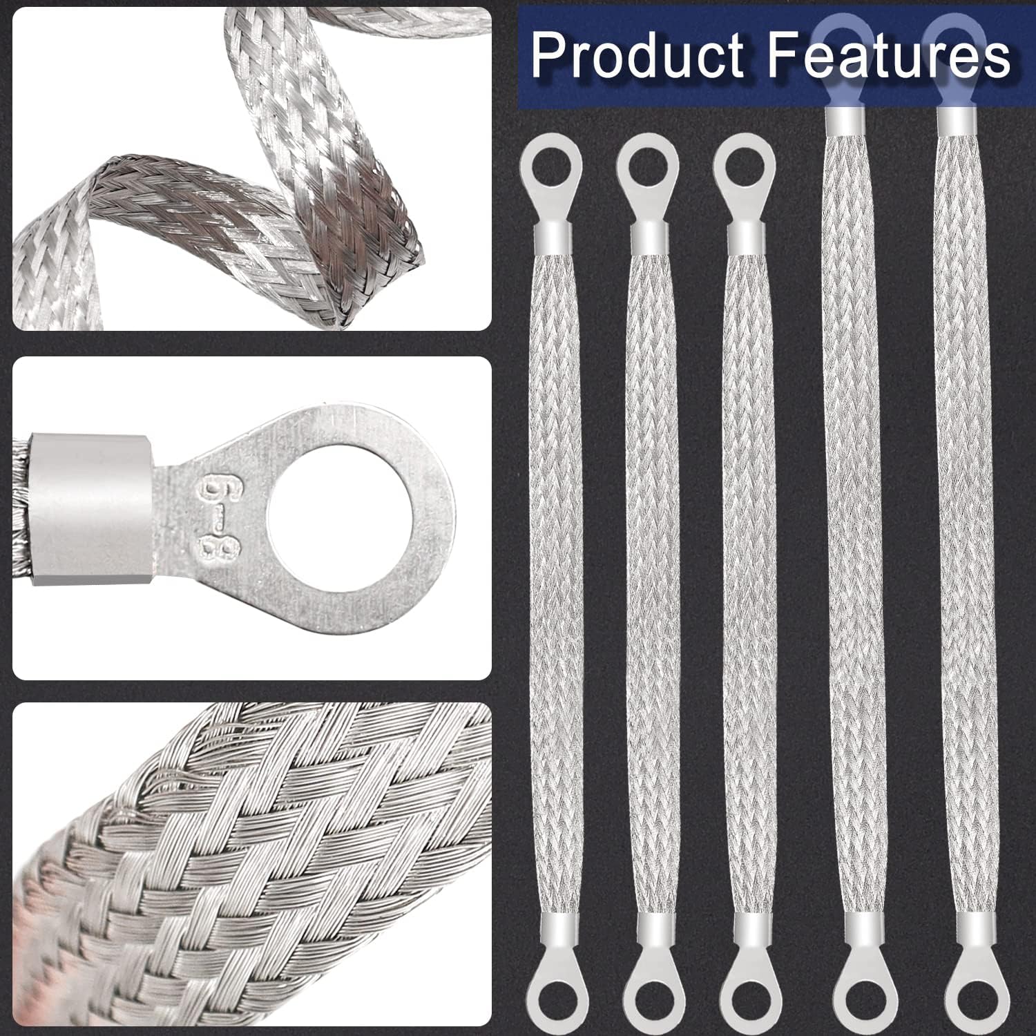 Taiss 5PCS Ground Strap 3pcs 10" x 1/2" & 2pcs 13" x 1/2" Tinned Copper Professional Vehicle Grounding Cable Straps with Terminal Plugs,Universal Automotive Engine Flat Braided Copper Ground Strap