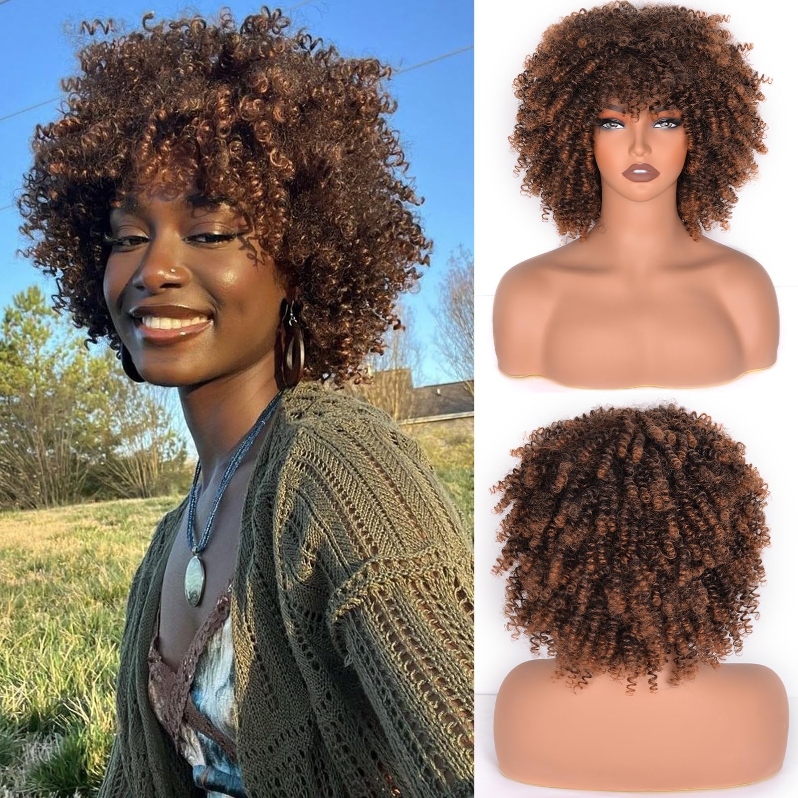 Vitorish Afro Curly Wig With Bangs 10 Inches kinky Curly Synthetic Hair Wig about 230g/Piece Full Machine Made Scalp Top Cosplay Curly Wigs for Women