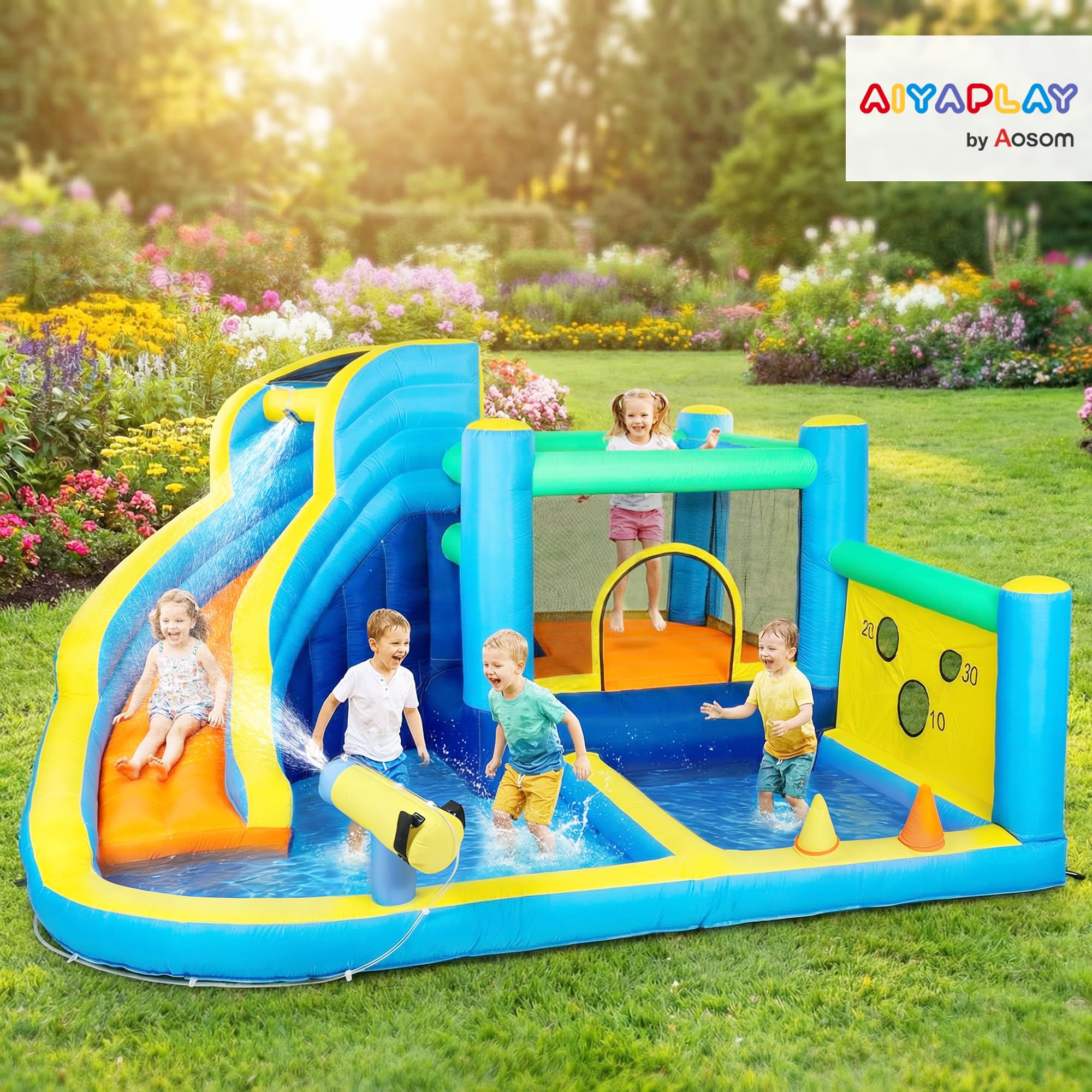 AIYAPLAY Castillo Hinchable Acuático 8 en 1 Soplador 550W Castillo Hinchable Niños con Tobogán Extralargo Seco/Mojado Zona de Salto Escalada Canasta Lanzamiento de Aros Exterior Interior 350x320x190cm